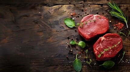 Wall Mural - A close-up top-down view of two raw beef cuts, a tenderloin and eye fillet, resting on a rustic wooden table. The steaks are surrounded by fresh herbs, peppercorns, and sprigs of rosemary