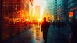 © Thanyaporn - A business professional walks confidently down a busy street, their silhouette blended with a graph showing growth and progress, the double exposure effect symbolizing the journey of success and the