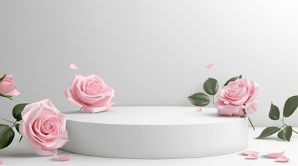 Poster - White podium and pink roses on light gray background Minimalist design for product promotion Abstract display for beauty and spa theme