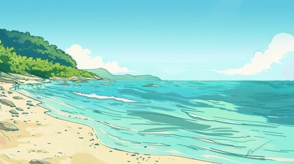 Wall Mural - Serene Anime Beach Landscape. Tranquil Ocean Waves and Lush Green Coastline