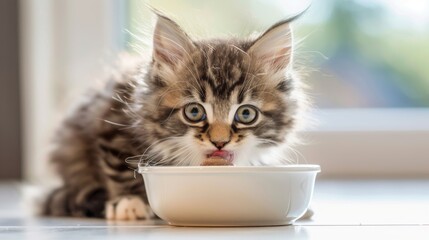 Poster - A fluffy Maine Coon kitten eagerly licking its lips after finishing a meal of nutritious kitten formula.