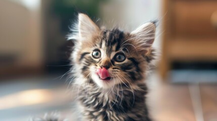 Poster - A fluffy Maine Coon kitten eagerly licking its lips after finishing a meal of nutritious kitten formula.