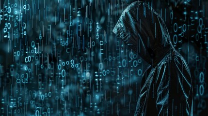 A hooded figure stands in a dark, rainy environment with a projection of binary code behind them. The blue code appears to fall like rain