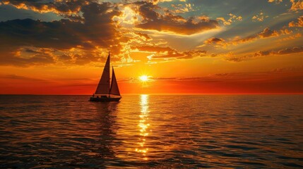 Wall Mural - Sunset Horizon. Tranquil Scene of Lake Superior with Sail Boat under Colorful Sky