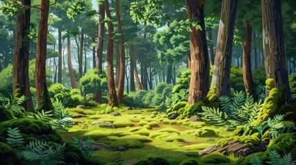 Wall Mural - Enchanting Sunlight Through Lush Forest Canopy. A Vibrant Illustration