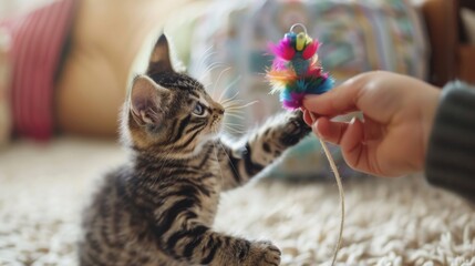 Poster - A kitten batting at a feather teaser toy held by its owner, showing enthusiasm and affection for play.