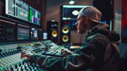 Wall Mural - A control room engineer sits at a mixing console, overseeing the production process with multiple monitors displaying audio and video feeds