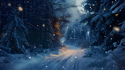 Sticker - Scenic Path in Snowy Forest at Night Banner Layout