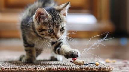 Poster - A kitten playfully batting at a moving toy mouse on a scratch pad, practicing hunting skills with enthusiasm.