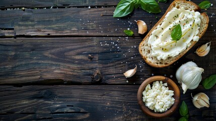 Wall Mural - A top-down view of a delicious vegetarian sandwich made with cream cheese, butter, and garlic bread, served on a rustic wooden table with fresh basil and garlic