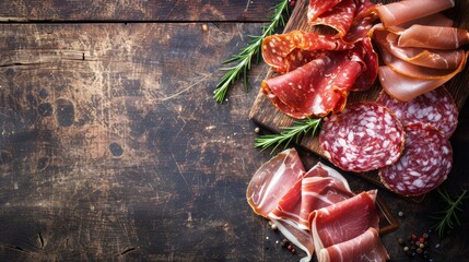 Wall Mural - A close-up view of a rustic wooden table topped with a variety of cured meats, including pancetta, salami, and sliced ham