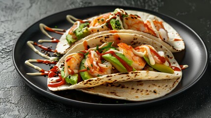 Wall Mural - Two crispy shrimp tacos with avocado slices and spicy mayo drizzle on a black plate