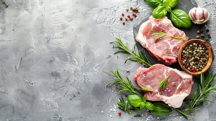 Wall Mural - A close-up shot of two raw pork neck pieces on a grey stone tabletop, surrounded by fresh herbs and spices