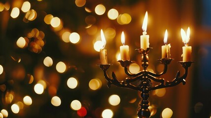 Wall Mural - A beautiful menorah with six candles burning brightly against a blurry background of a Christmas tree. Generative AI