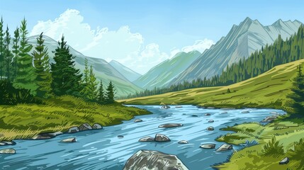 Wall Mural - Scenic Mountain Landscape with River Flowing Through Green Valley, Cartoon Illustration
