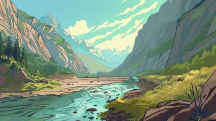 Wall Mural - Scenic Illustration of Mountain River Landscape with Rocks, Forest, and Sky. Ideal for Nature, Travel, and Adventure Backgrounds.