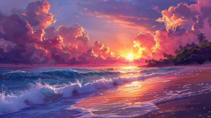 A tropical beach at sunset, with the sky painted in vibrant hues of orange, pink, and purple, and the lively waves crashing against the shore, radiating a sense of beauty and tranq