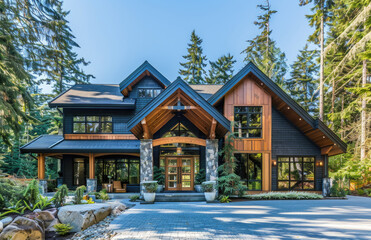 Wall Mural - the exterior front view of an luxury modern rustic home in north pier, dark wood accents and walls with white trim, large windows, nice landscaping front yard