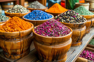 Colorful spice assortment in wooden bowls