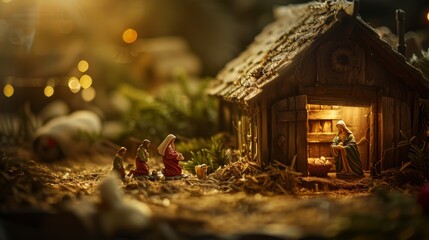 Wall Mural - A nativity scene featuring figurines of Mary, Joseph, and the baby Jesus in a small wooden stable