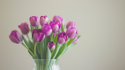 Vibrant purple tulips in clear vase against neutral backdrop