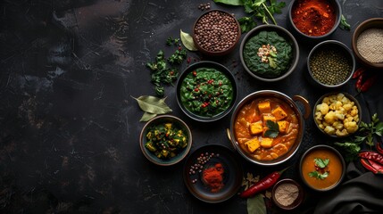 An overhead view of a vegetarian Indian meal featuring palak paneer, aloo, and other dishes, all arranged on a dark table