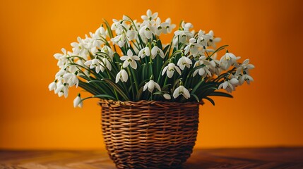 Wall Mural - Snowdrops in a basket on a wooden table.