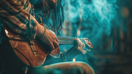 A musician sits backstage, their face etched with concentration as they strum their guitar, the blue stage lights creating a dramatic atmosphere