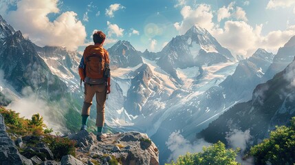 Solo traveler exploring a breathtaking mountain landscape, with a backpack, hiking gear.