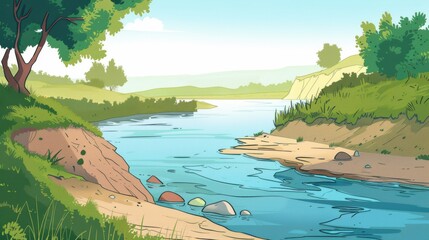 Wall Mural - Scenic Cartoon Landscape of a Serene River flowing through a Green Valley