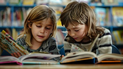 Young children, both boys and girls, are engaged in reading various books in a cooperative setting.