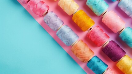 Set of colorful spools of thread close up