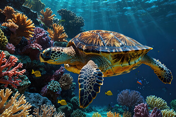 Wall Mural - stunning giant turtle swim in the underwater