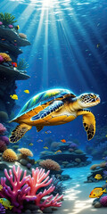 Wall Mural - stunning giant turtle swim in the underwater