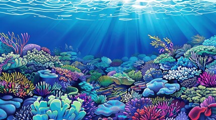 Vibrant Coral Reef Underwater Scene with Sunlight. Colorful Marine Life Illustration for Ocean Conservation.