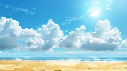 Wall Mural - Sunny summer background with a bright blue sky, fluffy white clouds, and a golden sandy beach.