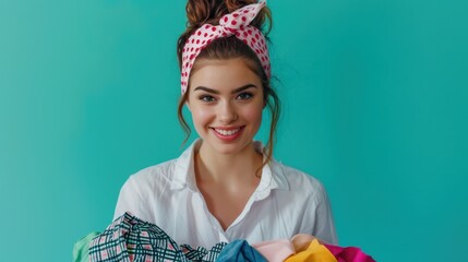 Wall Mural - The woman with colorful laundry