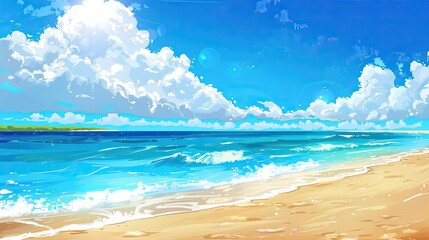 Wall Mural - Sunny summer background with a bright blue sky, fluffy white clouds, and a golden sandy beach.