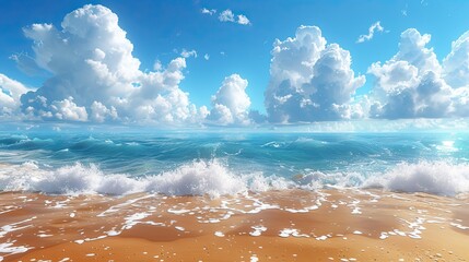 Wall Mural - Sunny summer background with a bright blue sky, fluffy white clouds, and a golden sandy beach.