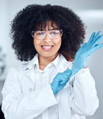 Poster - Woman, ready and portrait in science laboratory, confident and gloves or goggles for medical researcher. Pharmaceutical development, experiment and happy for career, innovative healthcare and smile