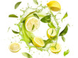 © manida - Photography of circular green tea splash swirl, lemon slices floating isolated transparent background