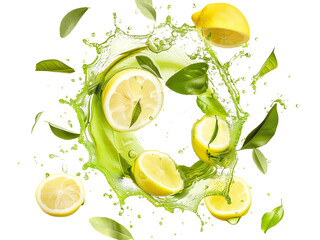 Photography of circular green tea splash swirl, lemon slices floating isolated transparent background