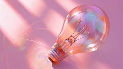 Poster - A close-up image of a clear, iridescent lightbulb on a pink background. The lightbulb is angled slightly to the right, and the viewer can see its intricate details and shimmering surface