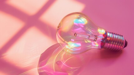 Poster - A close-up photograph of an iridescent lightbulb on a pastel pink background, highlighting its intricate details and shimmering surface