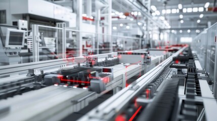 Poster - A close-up view of an automated assembly line in a modern factory, showcasing the precision and efficiency of high-tech manufacturing