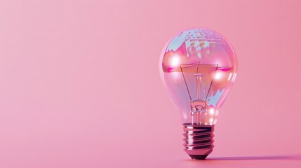 Poster - A close-up photograph of an iridescent lightbulb against a soft pink backdrop, highlighting its intricate details and shimmering surface
