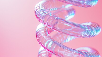 Poster - A close-up of a holographic phone cord coiled against a soft pink gradient background. The minimalist composition highlights the iridescent quality of the cord