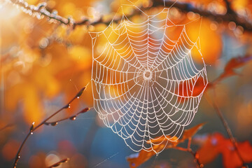 Wall Mural - Spider web on autumn morning.