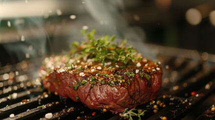 Sticker - A steak being seasoned with herbs and spices before cooking on a hot grill, emphasizing culinary preparation.