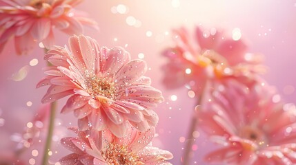 Poster - A close-up photograph showcasing delicate pink gerberas adorned with golden glitter against a soft pink sky background
